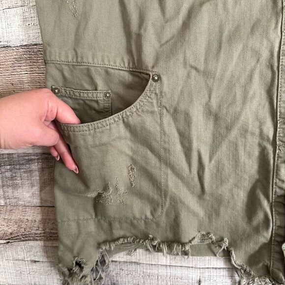 Free People Moonchild Distressed Denim Olive Green Raw Hem Jacket | Size Large - Picture 7 of 8